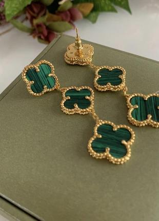 Серьги зеленые  vancleef ванклиф серебро три цветочка
