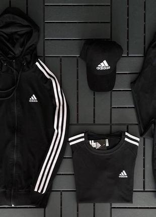 Чоловічий спортивний костюм adidas чорний / комплект штани адідас + кофта адідас + футболка адідас + кепка адідас