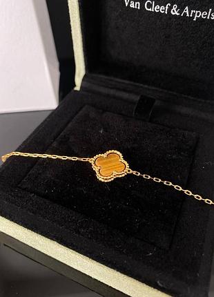 Брендовый золотой браслет клевер, позолота с янтарным, люкс качество!