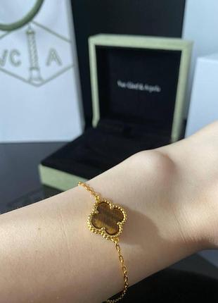 Брендовый золотой браслет клевер, позолота с янтарным, люкс качество!