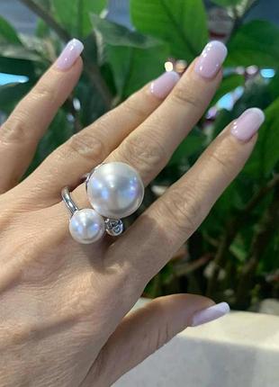 Брендовое серебряное кольцо двухъярусное с жемчугом майорка, люкс качество!