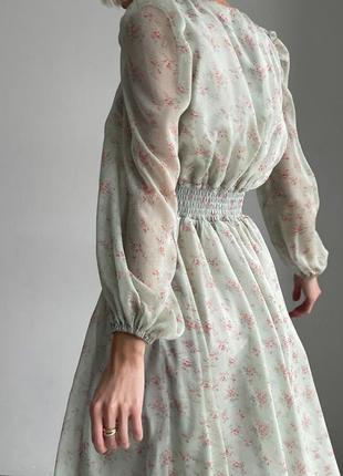 Платье шифон с декольте длинное в цветы разлетайка молочная мята оливка2 фото