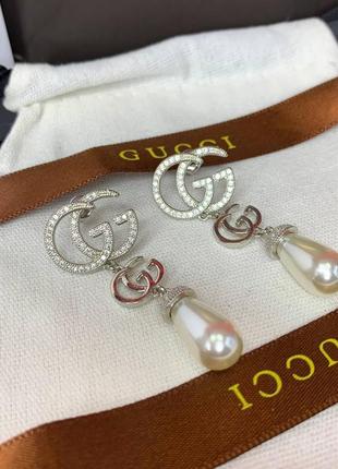 Срібні брендові сережки з цирконами та перлами майоражу, є логотип, люкс якість!