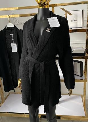 Кардиган в стилі chanel Sortija з поясом чорний довгий вязка з брошкою