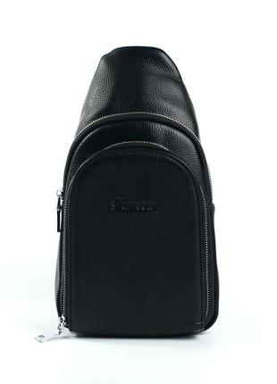 Нагрудна чоловіча шкіряна сумка слінг на одне плече брендовий чорний рюкзак з натуральної шкіри