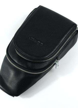 Нагрудная мужская кожаная сумка слинг на одно плечо брендовый черный рюкзак из натуральной кожи3 фото