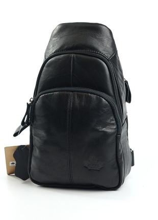 Чоловіча сумка рюкзак слінг на одне плече чорного кольору нагрудна сумочка з натуральної шкіри1 фото