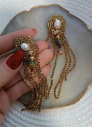 Сережки з перлами та натуральними каменями5 фото