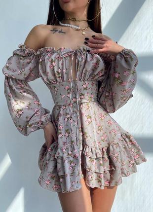 Сукня з квітковим принтом з воланами на ґудзиках1 фото