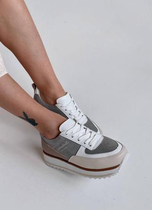 Коричнево-серые кроссовки на шнуровке из натуральной кожи + замш