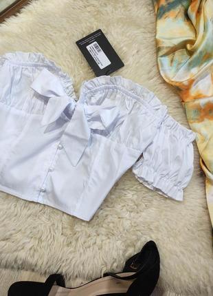 Блуза с открытыми плечами білий топ з завязкою бантом блуза на плечі з оглленними плечами з гудзиками топ на пуговицах на плечи1 фото