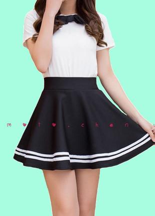 Клёшная юбка с полосочками японская школьная корейская черная3 фото