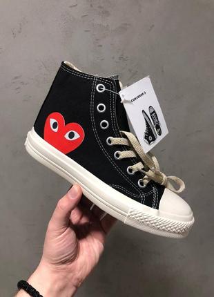 Трендовые женские высокие кеды converse x comme des garçons black hight premium чёрные с сердечком1 фото