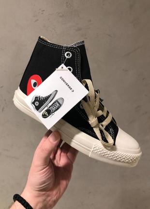 Трендовые женские высокие кеды converse x comme des garçons black hight premium чёрные с сердечком6 фото