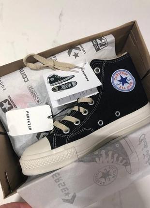 Трендовые женские высокие кеды converse x comme des garçons black hight premium чёрные с сердечком2 фото