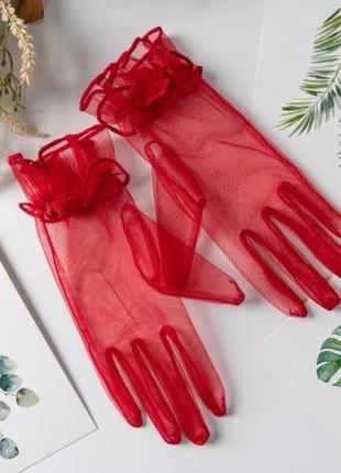 Перчатки короткие в сетку, однотонные красный (0047)