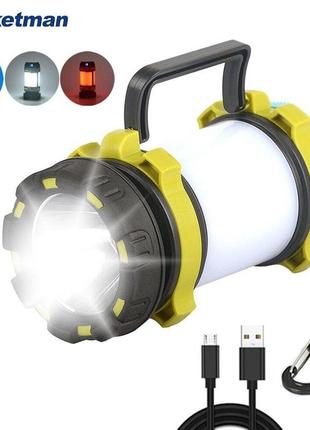 Кемпінгова лампа світильник, на акумуляторі t6 c power bank + водозахист + 3 режими ліхтаря