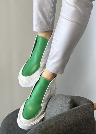 Белые с зеленые хайтопы ботинки зима демисезон кожа натуральная2 фото