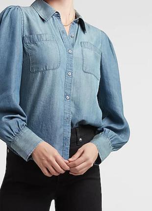 Блузка рубашка джинсова на кнопках з пишними рукавами пуфи4 фото