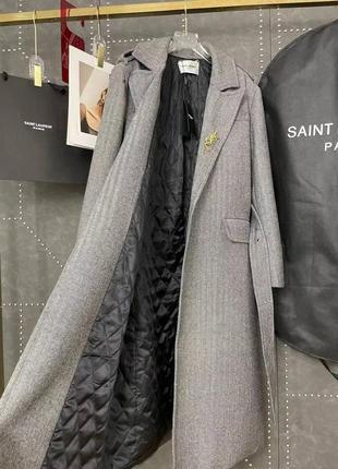 Пальто в стилі ysl шерсть утеплене довге з поясом ялинка сіре7 фото