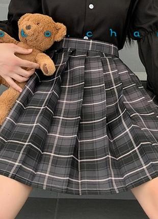 Японская плиссированная юбка в клеточку  серая корейская y2k1 фото