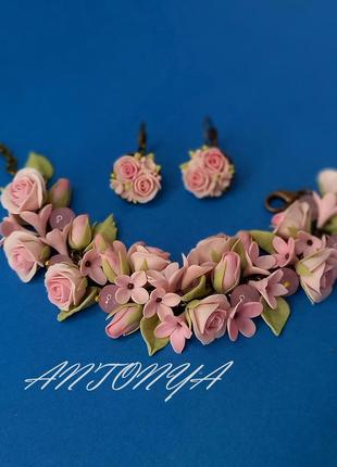 Серьги и браслет с миниатюрными розами, набор серьги и браслет с розами1 фото