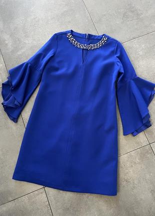 Плаття сукня трапеція вечірня синя з розкльошеними рукавами та оздобленням бісером та камінчиками
