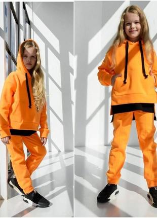 Детский спортивный костюм с капюшоном, с имитацией футболки,  цвет: оранж, голубой, шоколад, размер: 122,128,134, 140, 146,152,
