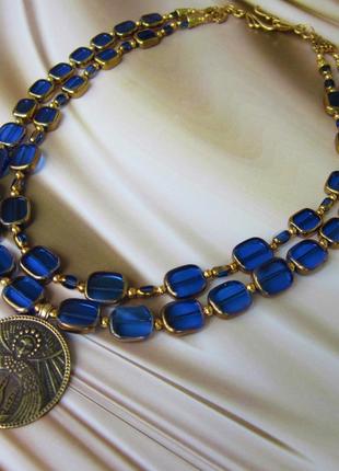 Ожерелье из чешского хрусталя с позолотой " васильковое"3 фото