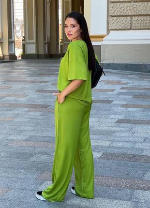 Костюм брючный спортивный летний весенний синий электрик зелёный салатовый коричневый мокко футболка брюки штаны широкие палаццо прямые