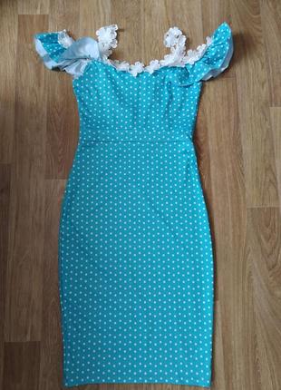 Блакитна бірюзова  сукня в горошок3 фото