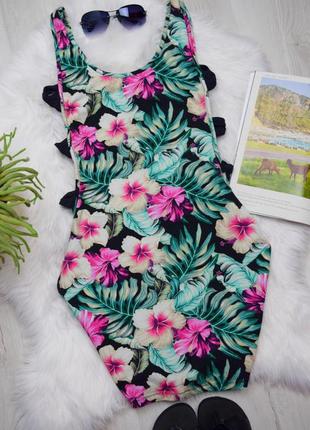 Тропическое платье майка с вырезами открытые бока принт цветы пальмы 🌴
