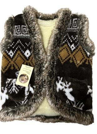 Жилет з овечої шерсті дитячий, орнамент олені коричневий