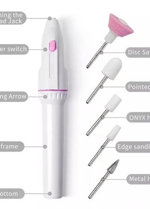 Фрезер ручка и 5 насадок для ногтей на батарейках, портативный аппарат для маникюра и педикюра,фреза,дрель для манікюру та педикюру7 фото