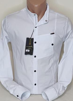 Мужская рубашка приталенная fly boys vds-0011 белая однотонная турция ворот стойка...