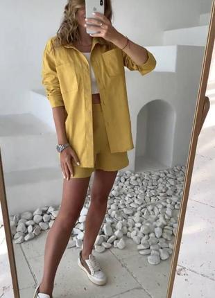 Легкий лляний костюм-двійка (сорочка + шорти) 
n 623 
тканина : льон
розміри: 42-44; 44-46 
кольору: хакі, блакитний, гірчиця