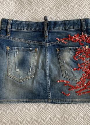 Юбка мини dsquared джинсовая с вышитым цветком джинсовая2 фото