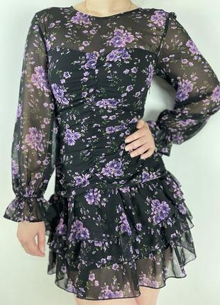 Шифонова сукня чорна з квітковим принтом від zara довгий рукав