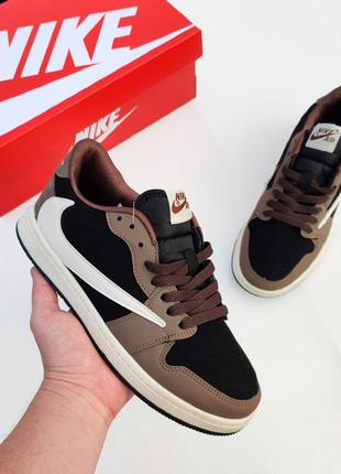 Стильные мужские кроссовки nike air jordan 1 low brown travis scott коричневые с коричневым язычком и белыми надписями 🔥8 фото