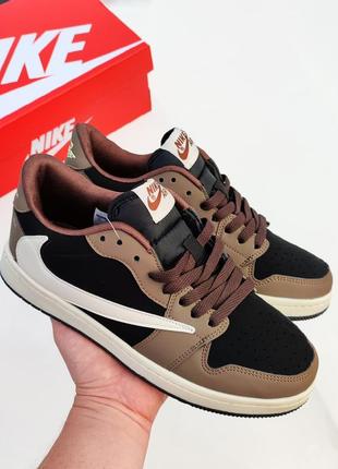 Стильные мужские кроссовки nike air jordan 1 low brown travis scott коричневые с коричневым язычком и белыми надписями 🔥7 фото