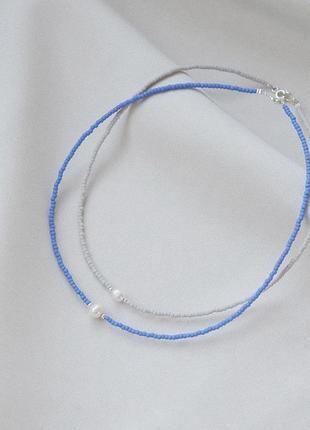 Чокер білий із бісеру з перлинкою перлина з перлин синій жовтий білий чекер ua ukraine