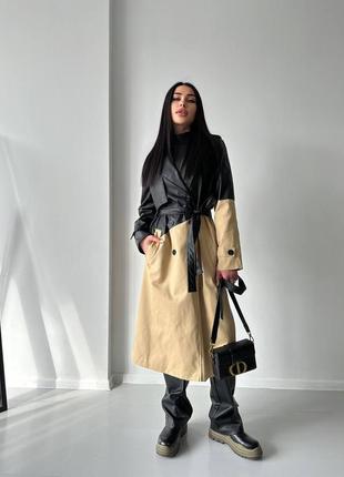 Комбинированный тренч из экокожи и коттона