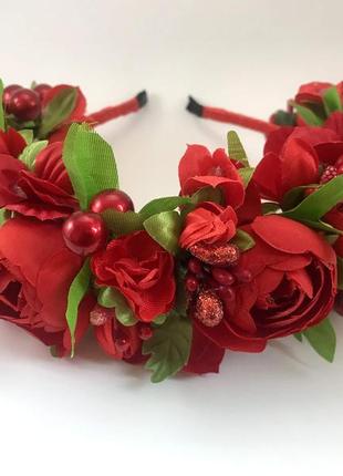 Віночок на голову handmade з червоних півоній