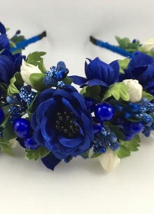 Віночок на голову ручної роботи з синіми квітами4 фото