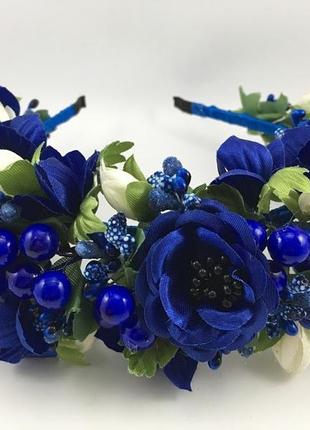 Віночок на голову ручної роботи з синіми квітами2 фото