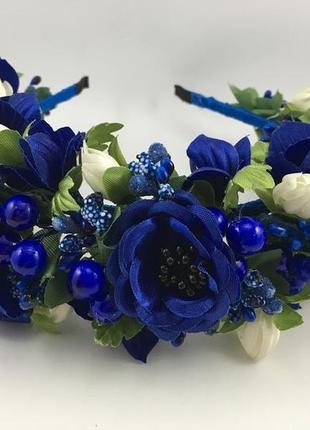 Віночок на голову ручної роботи з синіми квітами7 фото