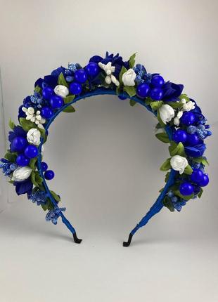 Віночок на голову ручної роботи з синіми квітами9 фото