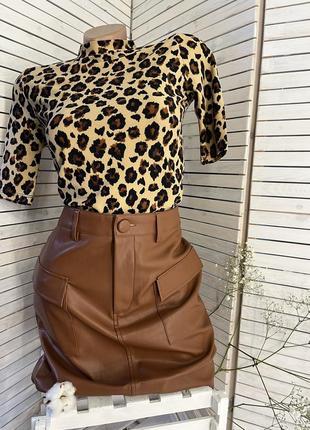 Леопардовый топ, юбка из эко кожи коричневая💔
