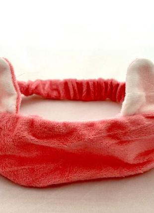 М'яка плюшева пов'язка на голову з вушками коралового кольору
