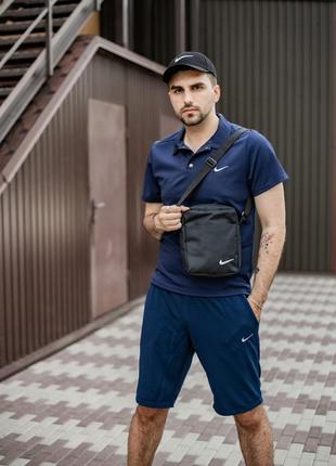 Костюм мужской nike шорты синие , футболка синяя + барсетка+ кепка (nike черное лого) в подарок